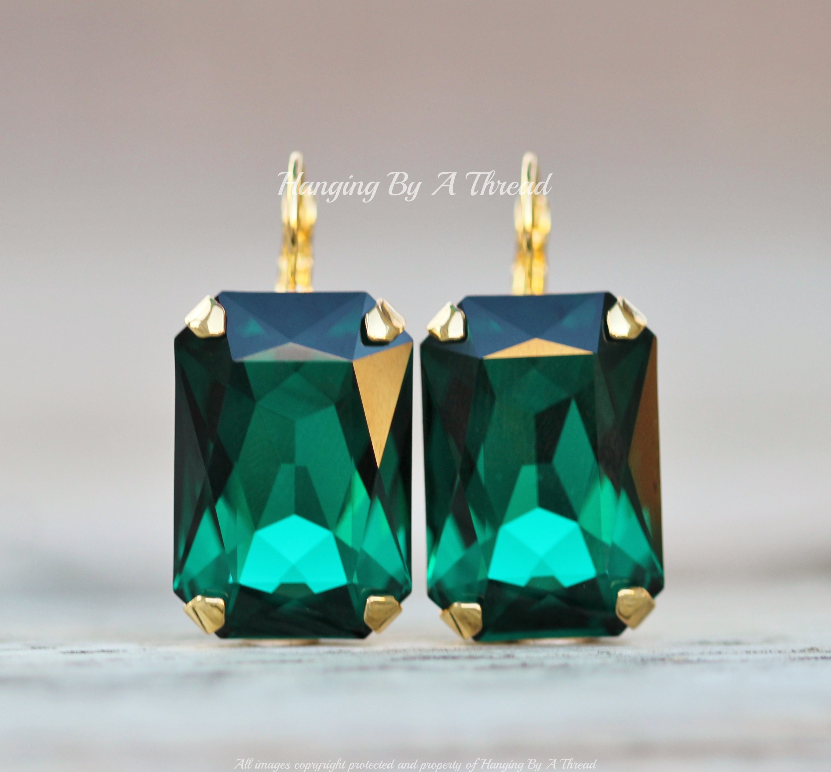 LARGE Emerald Green Octagon Swarovski Rhinestone Earrings