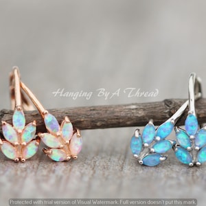NEW Tiny Opal Leaf Drop Earrings,Rose Gold or Silver Marquise Navette Opal Hoop,Pink,Blue Lab Created Opal Gemstone,Leverback,Birthstone