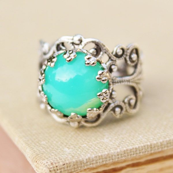 Vintage Grüner Opal Ring,Minty Grün Glas Opal,Silber Filigran Einstellbar Ring,Boho,Alltäglich,Opal Schmuck,Geburtsstein,Einheitsgröße