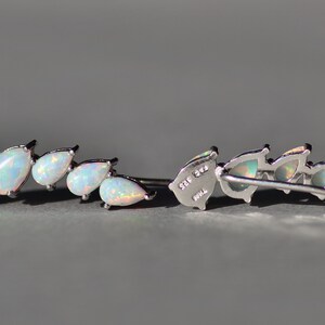 Pu&ograve; includere: Orecchini a rampicante argentati con cinque pietre di opale a forma di pera. Gli orecchini hanno un design a barra curva, con perno e chiusura. Le pietre di opale mostrano un gioco di colori iridescente.
