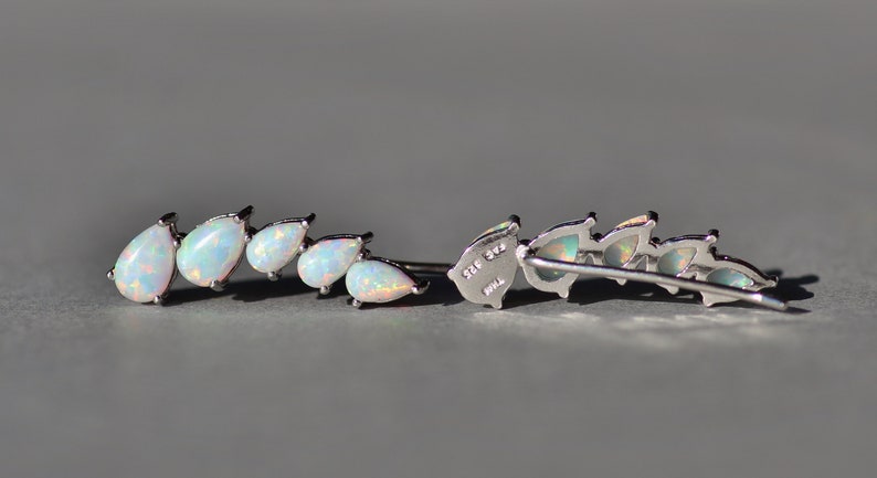 Pu&ograve; includere: Orecchini a rampicante argentati con cinque pietre di opale a forma di pera. Gli orecchini hanno un design a barra curva, con perno e chiusura. Le pietre di opale mostrano un gioco di colori iridescente.
