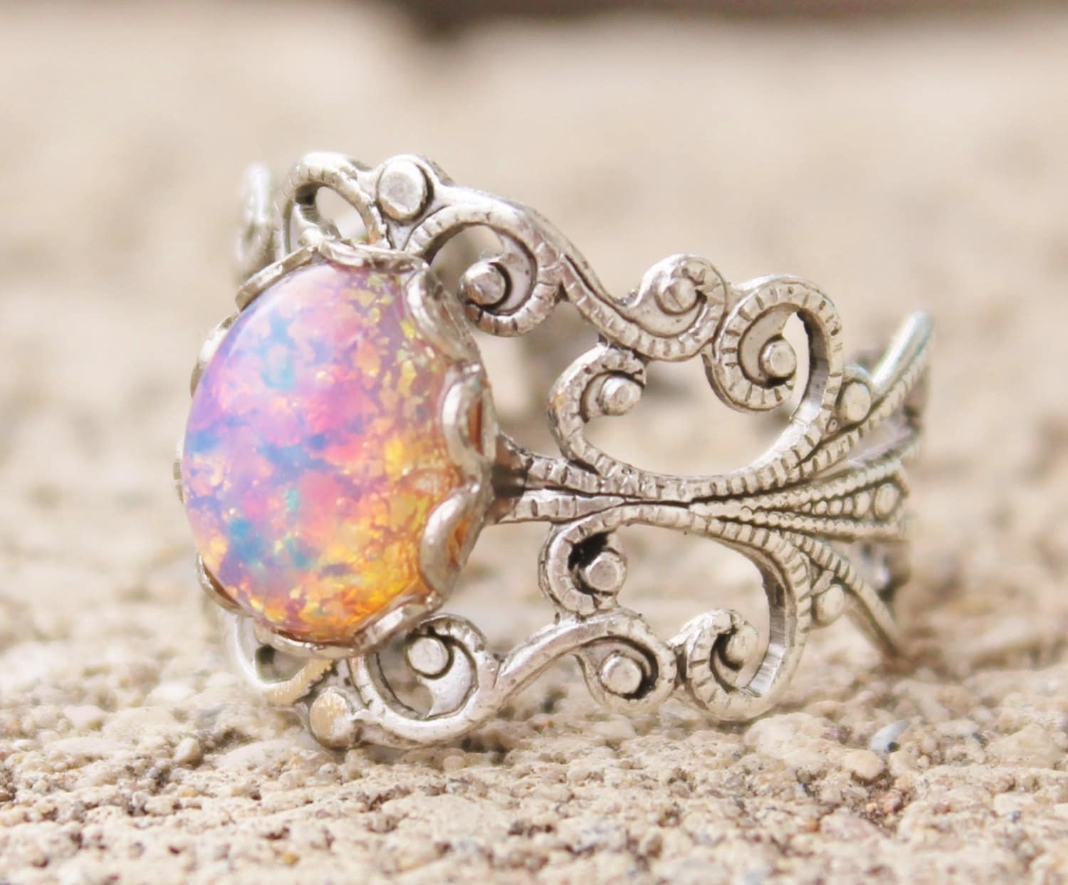 Vintage Silver Fire Opal Ring harlequin Opal silver Adjustable