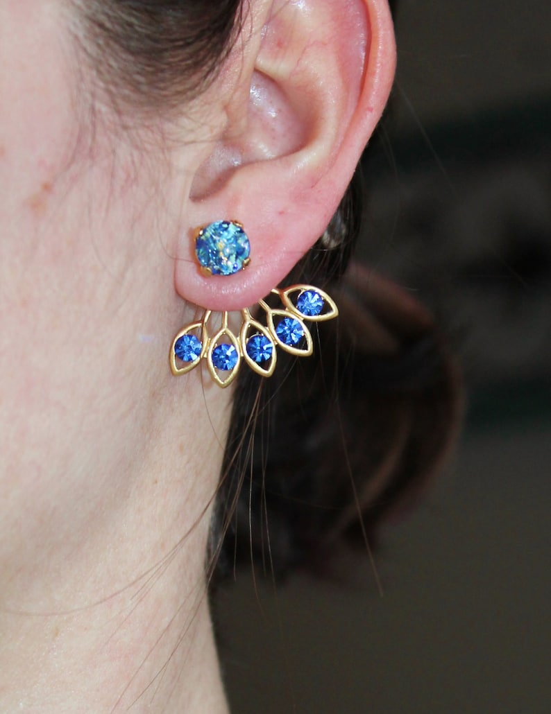 MAGNIFIQUE vintage veste boucle d'oreille opale de feu bleu saphir, boucle d'oreille saphir bleu royal strass, clou d'oreille, veste d'oreille, opale harelquin, unique image 5