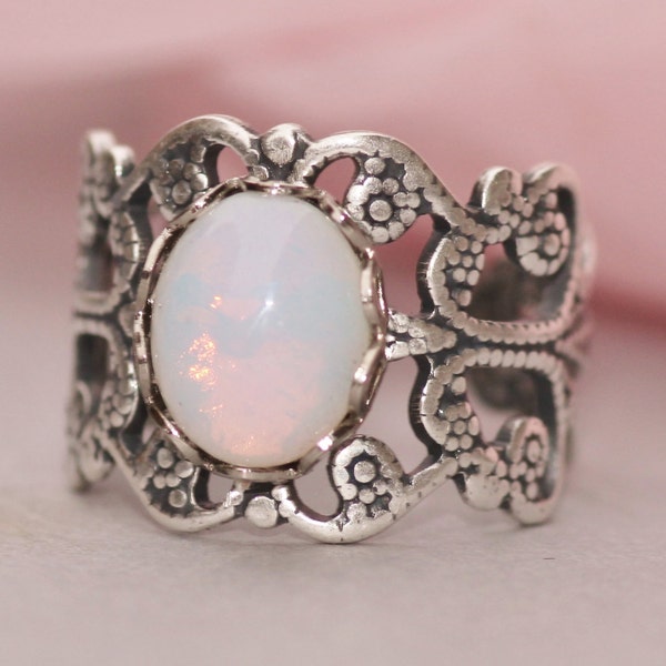 Silver Opal Ring,Silver Filigree Ring,Vintage White Glass Pinfire Opal,STURDY Adjustable Ring,Bridesmaids Jewelry,Birthstone Jewelry