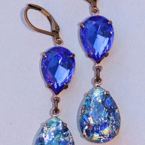 Sapphire Royal Blue Opal Earrings,Sapphire Fire Opal,RARE,Swarovski Earrings,Opal Earrings,Opal Jewelry,Hourglass,Rhinestone,Navy Blue,Long