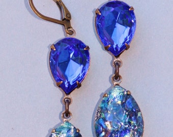 Sapphire Royal Blue Opal Earrings,Sapphire Fire Opal,RARE,Swarovski Earrings,Opal Earrings,Opal Jewelry,Hourglass,Rhinestone,Navy Blue,Long