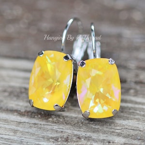 LIMITED Ultra Citrine AB Cushion Baguette Crystal Earrings,Neon Yellow,Silver Leverback,Rectangle,4568 Crystal,Bright Yellow,Drop,Gift