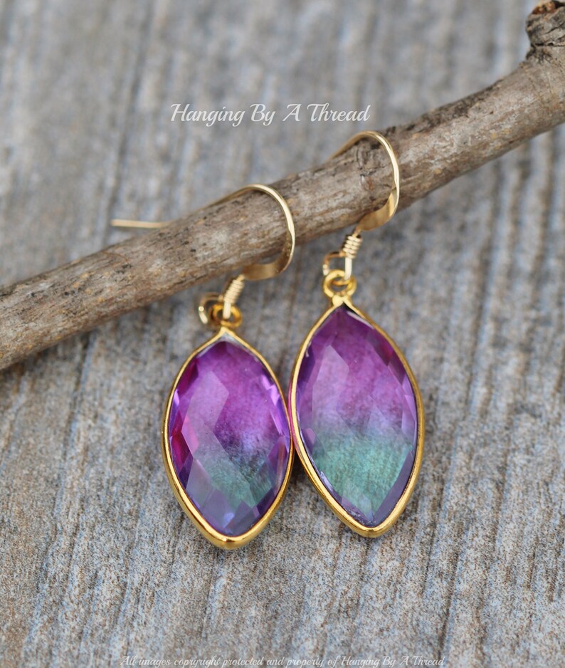 Genuine Doublet Bi Color Quartz Earringsgoldblue Green Etsy