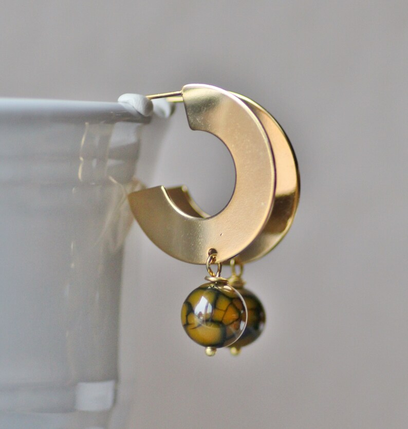 NEW Large Gold Hoop Gemstone Earrings,Flat Large Boho Tribal Hoop Earrings,Olive Green Crackle Agate,Dangle Drop Earring,Flat Circle Hoop