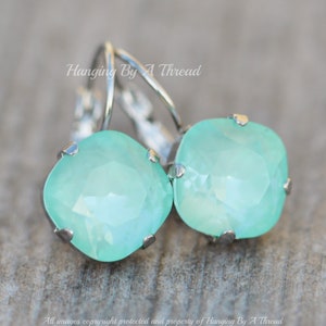 NEW COLOR Swarovski Soft Mint Ignite Drop Earring,Square Cushion Lever Back,Opaque Mint  Green Shimmer,Unique,Wedding,Icy Green,Silver Drop