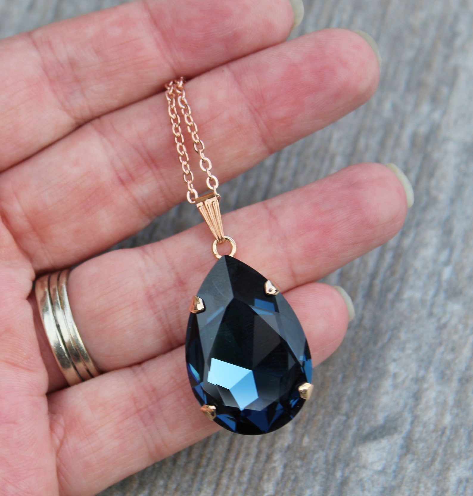Large Sapphire Navy Blue Rhinestone Pendant Necklace,rose Gold Large ...