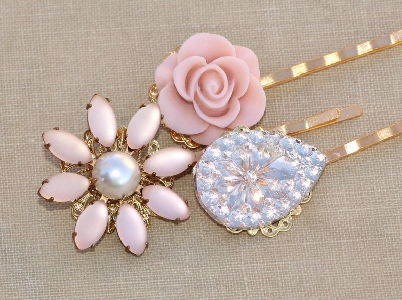 Genuine Vintage Blush Pastel Pink Bridal Bobby Pin Trio,Set of Three Gold Filigree Hair Pins,Pastel Blush Pink,Blush,Bridal,Wedding