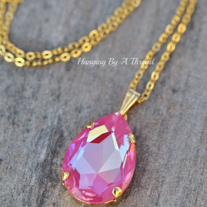 NEW COLOR Lotus Pink Large Pear Pendant,Swarovski Crystal Rhinestone Necklace,Long Layering Layer Necklace,Bright Pink,Gold,Gift,Statement image 3