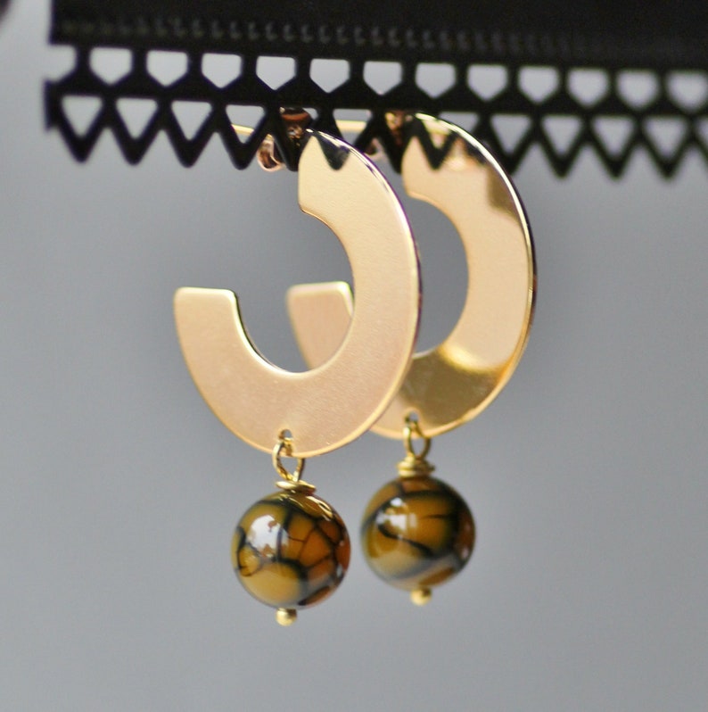NEW Large Gold Hoop Gemstone Earrings,Flat Large Boho Tribal Hoop Earrings,Olive Green Crackle Agate,Dangle Drop Earring,Flat Circle Hoop
