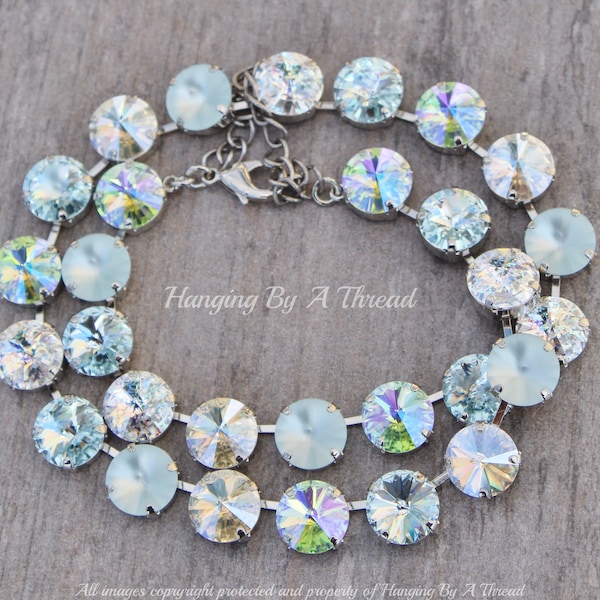 ONLY 2 Icy Light Aquamarine Rivoli Necklace,12mm Crystal Vision Tennis Necklace,Light Azore Matte,Silver Rhinestone,Layering,Blue Shade,Gift