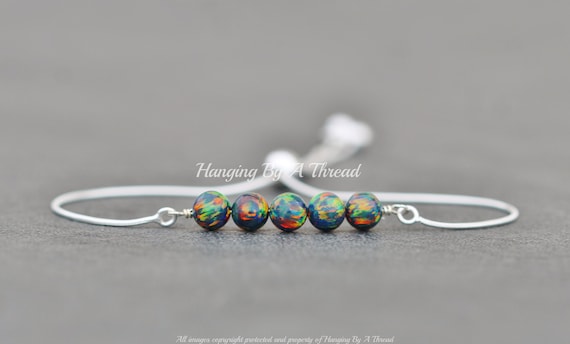 Black Fire Opal Sterling Silver Bracelet,Silver Slider Bolo Bracelet,Black Opal Bead,Dark Rainbow,Lab Created,Adjustable,Gift