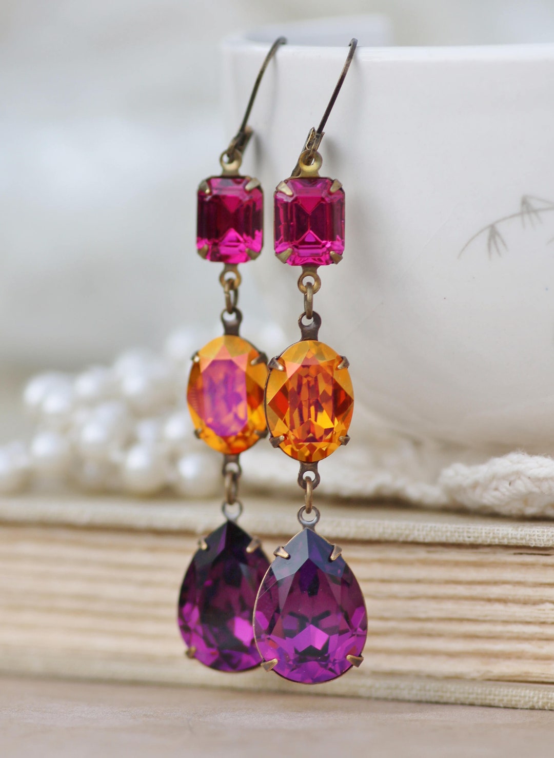 NEW Astral Pink Amethyst Fuchsia Long Drop Earring,dangle Swarovski ...