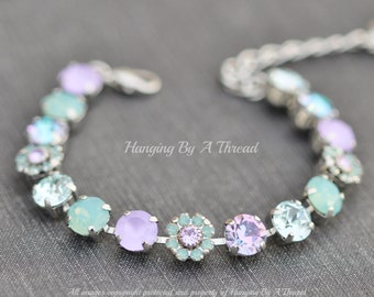 SILVER Swarovski Pacific Opal Lavender Matte Tennis Link Bracelet,8mm Bracelet,Embellished Flower Link,Unique,Aqua Blue Purple Rainbow,Gift