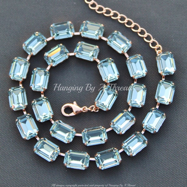 VERY RARE Indian Sapphire Crystal Tennis Necklace & Bracelet,Octagon Rhinestone Set,Smoky Steel Blue,Rose Gold Set,Swarovski Rectangle Jewel