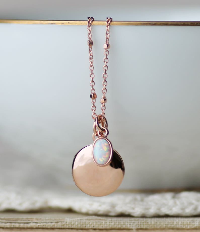 SMALL Plain Rose Gold & Opal Locket,Locket Pendant Necklace,Rose Gold Opal Necklace,Gift For Her,Mothers Day,Dainty Petite Small,Minimalist image 3