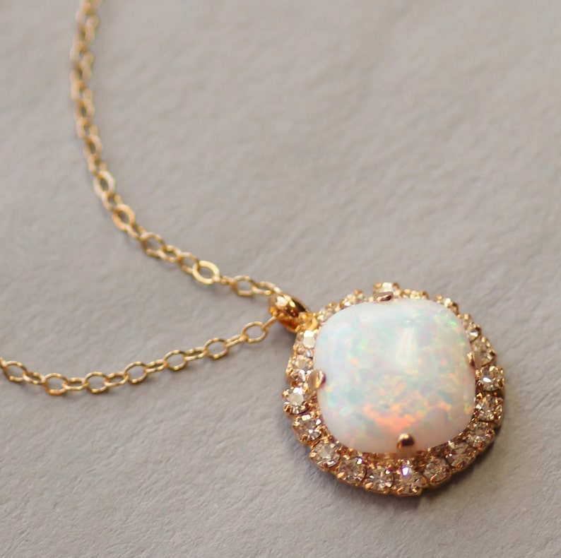 White Opal Gemstone Necklace,Halo Rhinestone Necklace,White Opal Swarovski Necklace,Cushion Cut Opal,Gold Filled,Sterling,Birthstone,Gift image 3