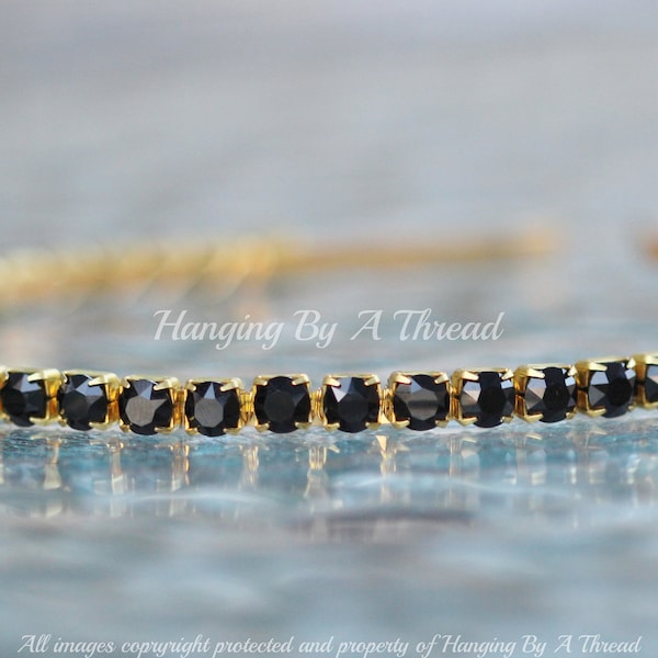 LIMITED Swarovski Crystal Jeweled Headband,Jet Black Jewel,Prong Set Headband,Gold,6mm Rhinestone,Bridal,Bridesmaids,Formal,Hair Accessory
