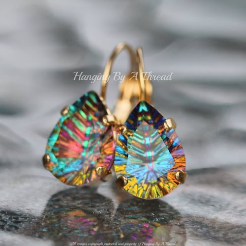 NEW Concave Cut Vitrail Medium Pear Earrings,Teardrop,Dark Rainbow,Watermelon Crystal Drop,Gold Leverback,Vitrail Rhinestone,Gift,Unique