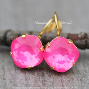 NEW Electric Pink Ignite Cushion Earrings,Rounded Square Leverback,Dangle Drop,12mm 4470 Earrings,Bright Neon Pink,Silver Leverback,Unique