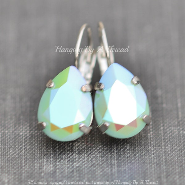 DISCONTINUED COLOR Crystal Mint Alabaster Glacier Pear Drop Earrings,Teardrop Leverback,Mint Green Opaque Shimmer,Rhinestone,Swarovski,Gift