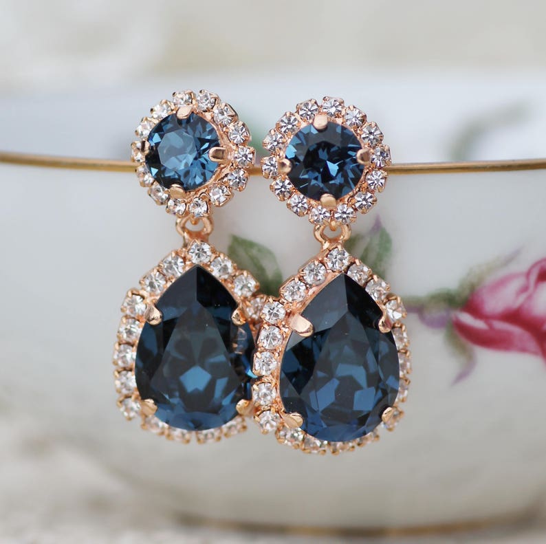 Sapphire Navy Blue ROSE GOLD Bridal Halo Set,Matching Necklace /& Earring Set,Halo Pear Teardrop,Swarovksi Crystal,Weddings,Gift Set,Womens