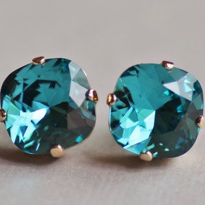 Swarovski Dark Indicolite TEAL Cushion Stud Earrings,Dark Teal Blue Peacock,Rounded Square Large Post Earrings,Bridesmaids,Weddings,Everyday