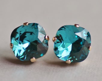 Swarovski Dark Indicolite TEAL Cushion Stud Earrings,Dark Teal Blue Peacock,Rounded Square Large Post Earrings,Bridesmaids,Weddings,Everyday