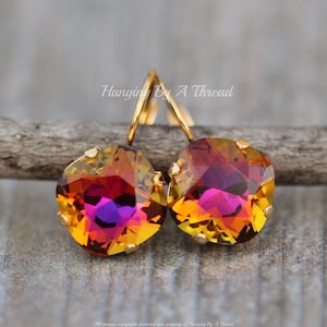 RARE Swarovski Volcano Dark Jewel Rainbow Cushion Earrings,12mm Cushion Leverback,Purple Orange Rainbow,Rounded Square,Dangle Drop,Gift