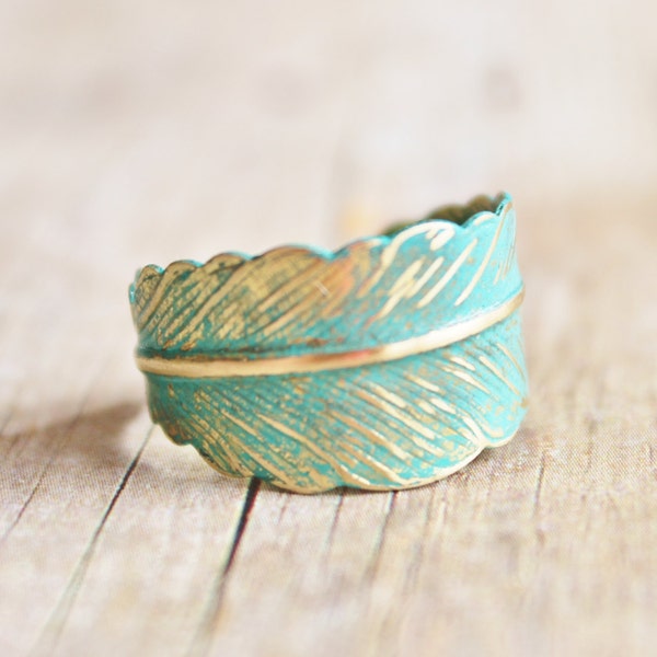 Verdigris Feather Ring - Hand Forged Brass Feather Ring,Shabby Chic,Adjustable,Feather Jewelry,Wrap Ring,Patina,Bridesmaids Jewelry,Woodlan