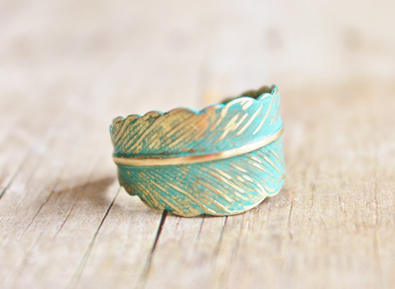 Verdigris Feather Ring - Hand Forged Brass Feather Ring,Shabby Chic,Adjustable,Feather Jewelry,Wrap Ring,Patina,Bridesmaids Jewelry,Woodlan 