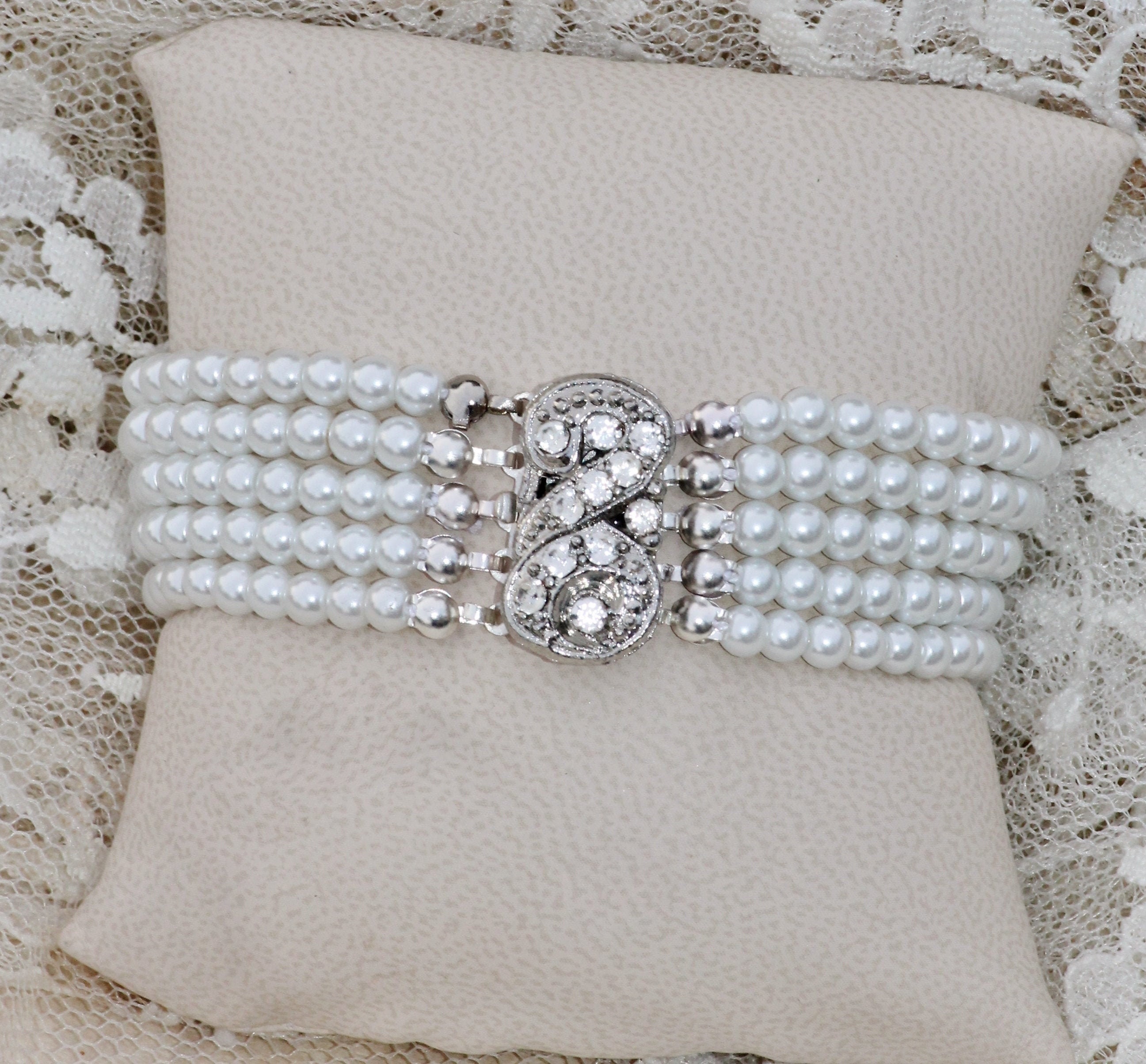 Bracelet Art Déco Argenté Avec CZ Blanc & Bleu Et Fausses Perles - Style Vintage Années 1920 - Taille SZ2