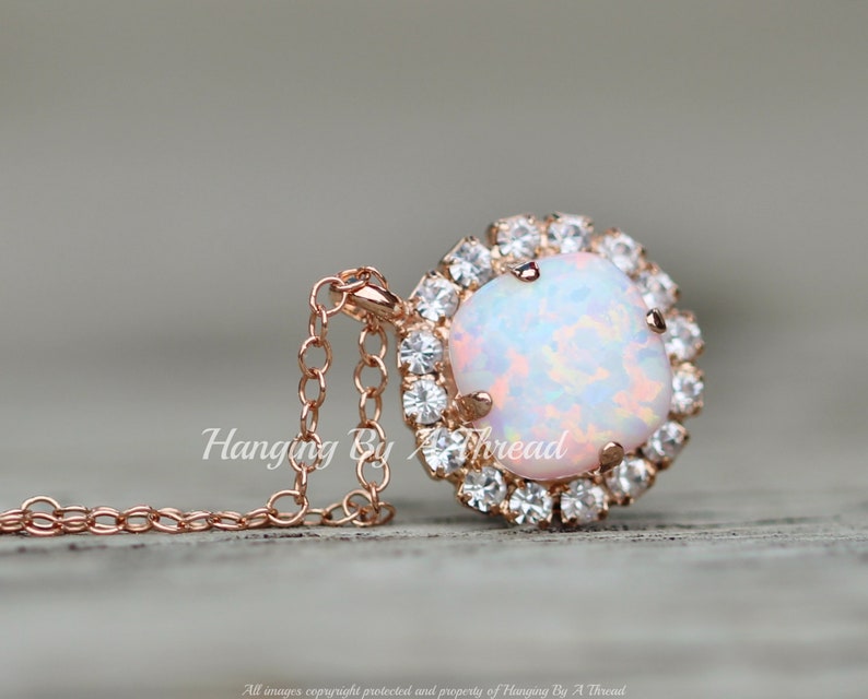 White Opal Gemstone Necklace,Halo Rhinestone Necklace,White Opal Swarovski Necklace,Cushion Cut Opal,Gold Filled,Sterling,Birthstone,Gift image 5