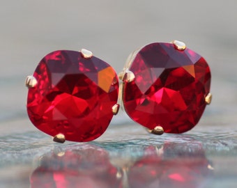 Swarovski Siam Red Cushion Stud Earring,Large Cushion Post,Holiday Red,Ruby,Weddings,Bridesmaids,Choose Metal,4470 12mm Stud,Gift