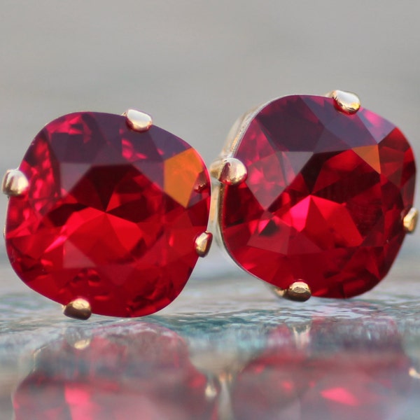 Swarovski Siam Red Cushion Stud Earring,Large Cushion Post,Holiday Red,Ruby,Weddings,Bridesmaids,Choose Metal,4470 12mm Stud,Gift