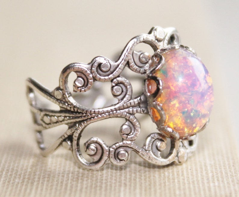Vintage Silver Fire Opal Ring,Harlequin Opal,Silver Adjustable Filigree Ring,Opal Ring,Opal Jewelry,Antique,Birthstone,Fire Opal 