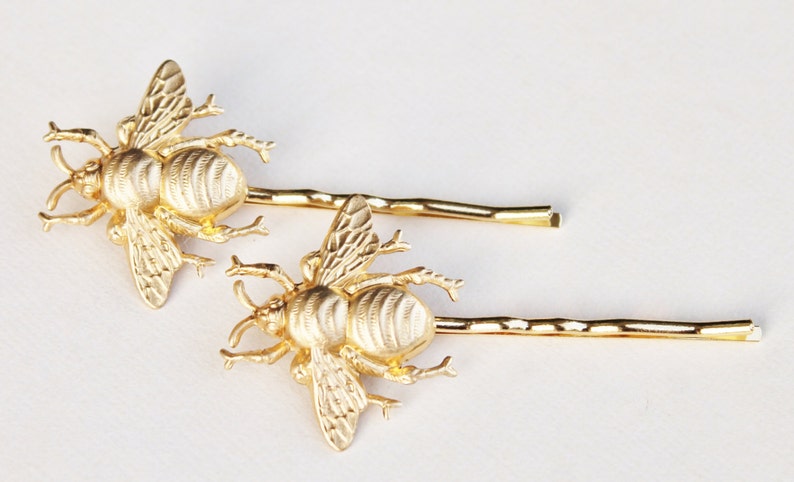 Brass Honeybee Bobby Pins,Set of Two,Highly Detailed,Golden Bee Hair Pins,Bridal,Whimsical,Shabbby Chic,Outdoor Wedding,Bridal Hair Pins image 3