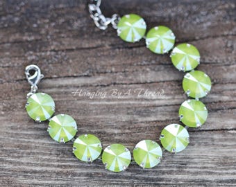 LIMITED! Rare Swarovski Ultra Lime Green Rivoli Bracelet,12mm Crystal Rhinestone Bracelet,Gold,Bright Neon Green,Stacking Bracelet,Gift
