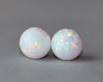 NEW White Opal Ball Post Earrings,Lab Created Opal Stud,Genuine Opal Earrings,8mm Ball Stud,Sterling Silver or Gold Filled,Birthstone,Gift