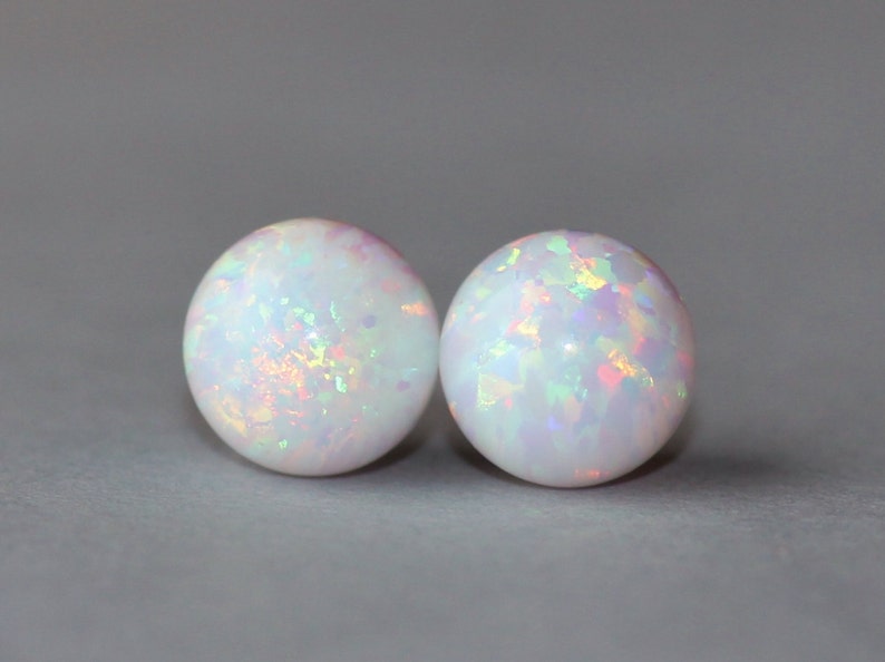 NEW White Opal Ball Post Earrings,Lab Created Opal Stud,Genuine Opal Earrings,8mm Ball Stud,Sterling Silver or Gold Filled,Birthstone,Gift image 1