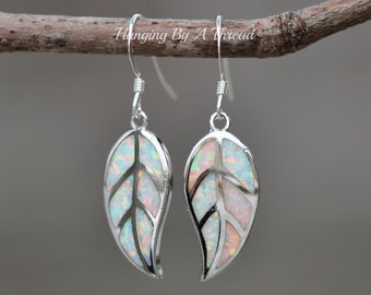 Silver Opal Leaf Earrings,White Opal Inlaid Inlay Earrings,Sterling French Hook,Autumn,Nature,Small Dangle Earrings,Created White Opal
