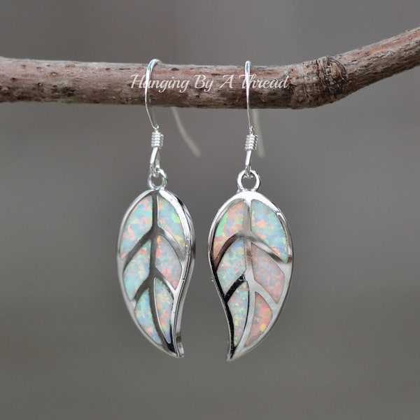 Silver Opal Leaf Earrings,White Opal Inlaid Inlay Earrings,Sterling French Hook,Autumn,Nature,Small Dangle Earrings,Created White Opal