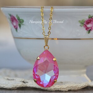 NEW COLOR Lotus Pink Large Pear Pendant,Swarovski Crystal Rhinestone Necklace,Long Layering Layer Necklace,Bright Pink,Gold,Gift,Statement image 4