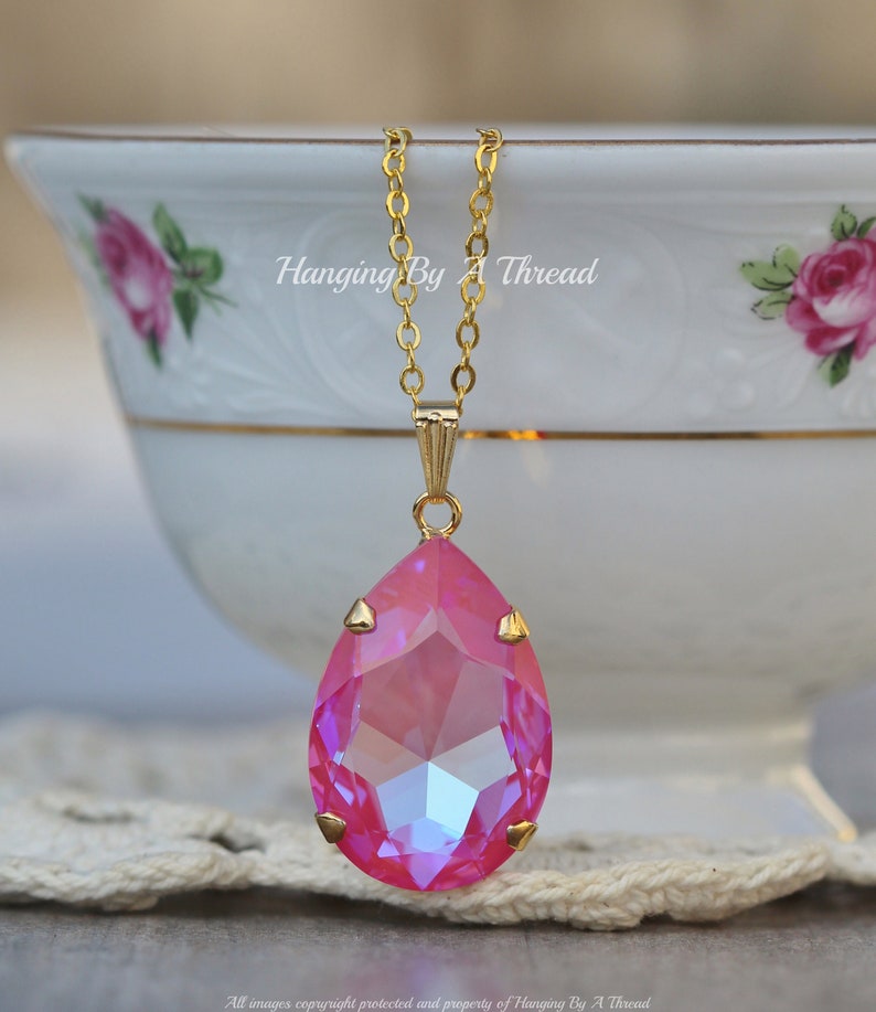 NEW COLOR Lotus Pink Large Pear Pendant,Swarovski Crystal Rhinestone Necklace,Long Layering Layer Necklace,Bright Pink,Gold,Gift,Statement image 4