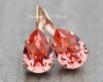 NEW COLOR Swarovski Rose Peach Pear Lever Back,Teardrop Crystal Drop Earrings,Rose Gold Lever Back Earring,Peach Coral Salmon Orange,Dangle