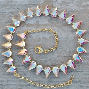 NEW Vintage Crystal AB Rhinestone Tennis Necklace,Pear Teardrop Unique Necklace,Aurora Borealis,Pastel Rainbow,Gold,Layering,Statement,Bib